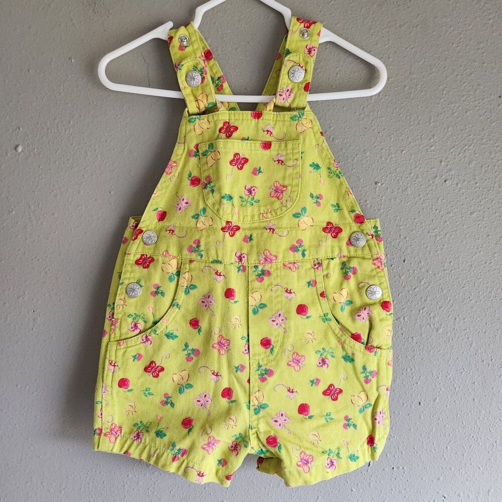 Vintage Baby Overalls Romper 6–9M Yellow Floral Strawberry Butterfly